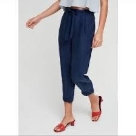 Wilfred Aritzia Linen and Lyocell Cuffed Cropped Trousers in Midnight Blue Sz 0 - Picture 1 of 9
